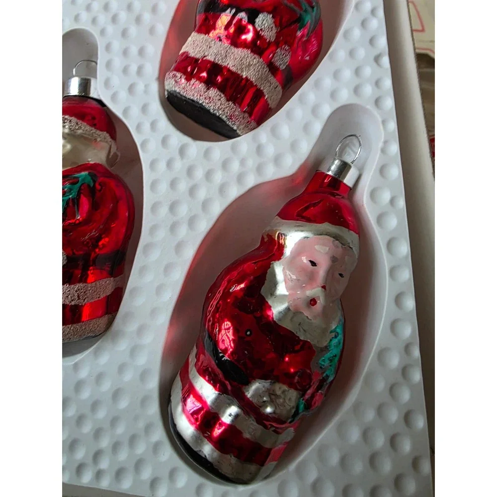 Vintage Bradford novelty Santa Mica glass ornament glitter Xmas tree red set